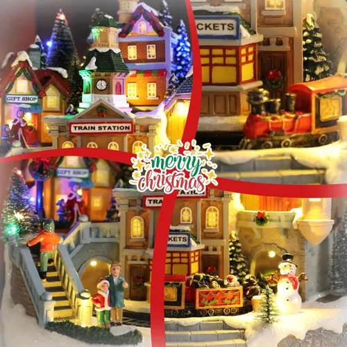 Vista 5 de Bdor Edificios coleccionables iluminados con tren y música - Decoración de Navidad LED enchufable para mesa, hogar, tienda de regalos - Centro