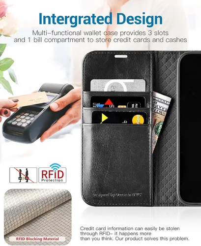 Vista 3 de OCASE Funda tipo cartera compatible con iPhone 13, de piel sintética con tapa tipo folio, con tarjetero, bloqueo RFID, soporte