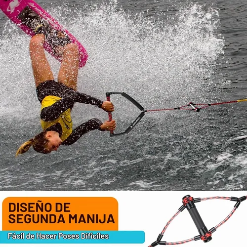 Vista 4 de Obcursco Cuerda Wakeboard, línea de deportes acuáticos con mango EVA. Ideal para esquí acuático, wakeboard, rodillera 2 secciones verde y amarillo