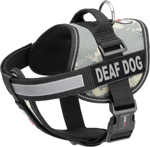 Vista 14 de Dogline Unimax - Arnés para perro con parches para perros sordos reflectantes sin tirones, correas ajustables, neopreno transpirable para médicos
