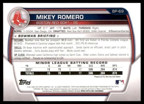 Vista 2 de 2023 BOWMAN PROSPECTS #BP-69 MIKEY ROMERO BOSTON RED SOX BASEBALL OFFICIAL TRADING CARD OF MLB