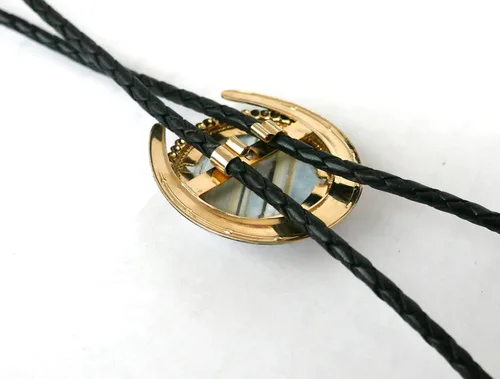 Vista 4 de A Beautiful 30 mm Turkish Opal Cabochon Sits in this Horse Shoe Schaped Bolo Tie with Black Leather Cord and Ribbed Tips