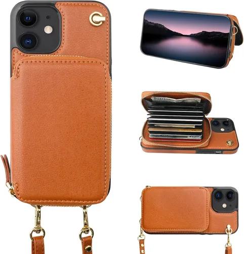 Vista 14 de Bocasal Funda tipo cartera cruzada para iPhone 12/12 Pro, funda de piel con bloqueo RFID y soporte para tarjetas, funda protectora con cremallera