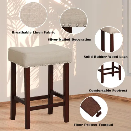 Vista 36 de ERGOMASTER Taburetes de bar, 29 pulgadas, modernos taburetes de sillín, madera de caucho, gris claro/marrón, juego de 2