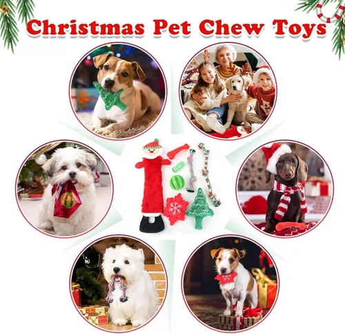 Vista 7 de LOYEE Juguetes Navideños para Perros Paquete de 8 - Santa Chirriante de Felpa para Masticar para Cachorros, Cuerda Interactiva Duradera