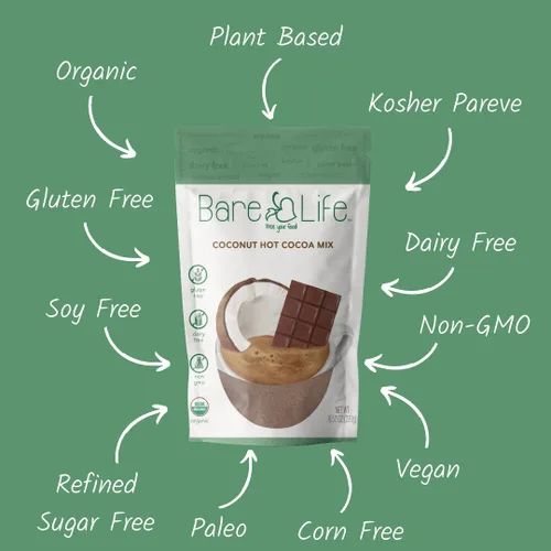 Vista 4 de Bare Life: Bolsa de mezcla de cacao caliente de coco sin lácteos Sin gluten, vegano, orgánico USDA, a base de plantas, paleo, sin soja, sin maíz