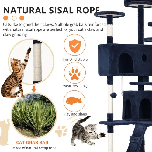 Vista 4 de BestPet Torre de árbol para gatos de 70 pulgadas, azul marino, resistente, fácil de montar, centro de actividades de varios niveles con postes