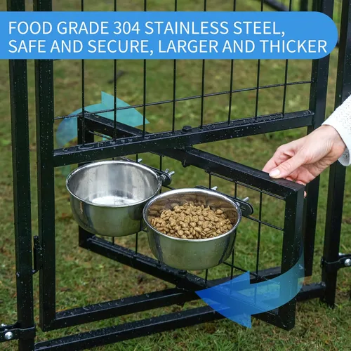 Vista 2 de Perrera para perros grandes de 8 x 4 x 6 pies, corralito de acero soldado resistente con techo impermeable, cuencos giratorios de 360°, cerramiento