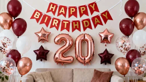 Decoraciones de fiesta de cumpleaños número 20 color oro rosa para mujeres, pancarta de feliz cumpleaños, globos de papel de aluminio con forma de