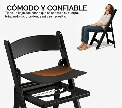 Vista 6 de Sillas plegables de resina con cojín para bodas, fiestas, paquete Negro