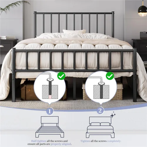 Vista 22 de Yaheetech Base de cama individual con plataforma de metal, base de colchón con cabecero y estribo, no necesita somier, almacenamiento debajo