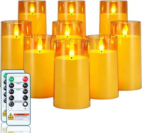 Vista 13 de Homemory juego de 9 velas parpadeantes sin llama, de color rojo navideño, velas LED acrílicas que funcionan con pilas, con control remoto