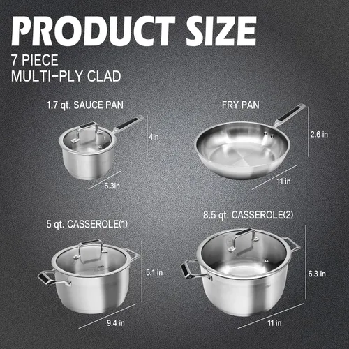 Vista 7 de DSP 7-Piece Pots and Pans Sets, 3-Ply Stainless Steel Kitchen Cookware Sets, Stay-Cool Stainless Steel Handles, Dishwasher Safe, Silver