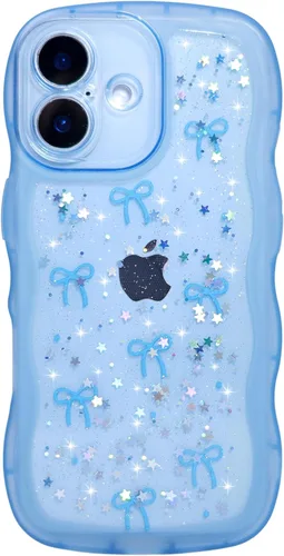 Vista 121 de Qokey para iPhone 14 Plus Funda de 6.7" con diseño de borde ondulado rizado, transparente, con purpurina, brillo, estrellas, brillante, lindo