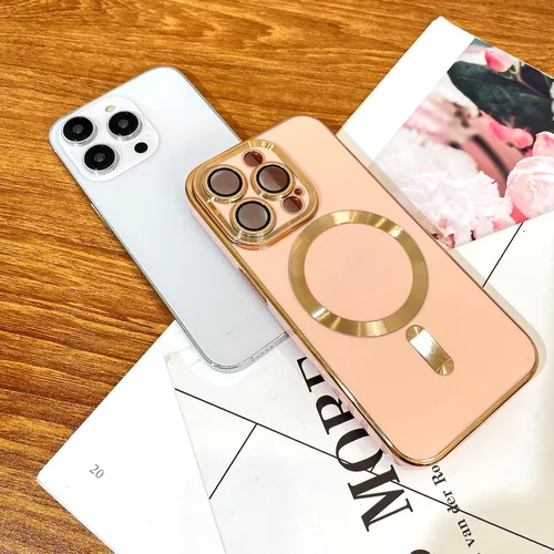 Vista 3 de OOK - Funda magnética para iPhone 13 Pro con borde chapado en oro, color rosa