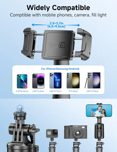 Vista 6 de Trípode de seguimiento facial automático de 66 pulgadas para iPhone, rotación de 360°, soporte de trípode con control remoto, soporte de disparo