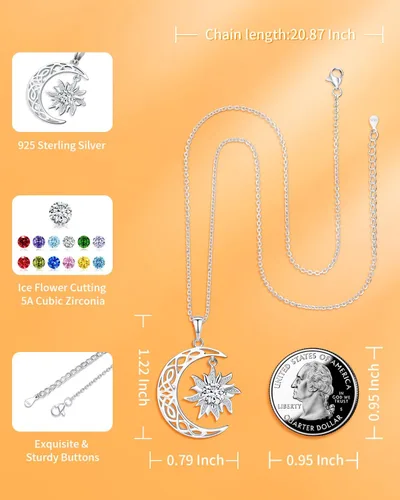 Vista 4 de BDL Collares de piedra natal para mujer, plata de ley 925 con diseño de bruja, sol y luna, regalos