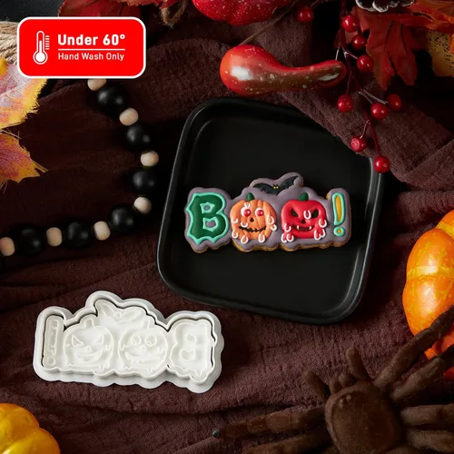 Vista 19 de Flycalf Cortadores de galletas de Halloween, formas de sombrero de bruja con sellos de émbolo, accesorios de horneado de ácido poliláctico