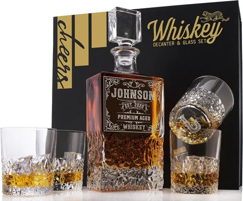 Vista 15 de Juego de decantadores de whisky personalizados de 5 piezas, decantador de licor personalizado de edición limitada, 27 onzas, 27.1 fl oz con 4 piezas