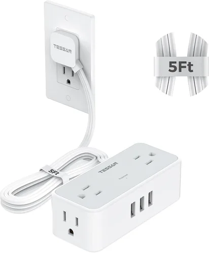 Vista 9 de Cable de extensión plano de 5 pies, TESSAN Regleta de protección contra sobretensiones con 4 tomas de CA ampliamente espaciadas, protección contra