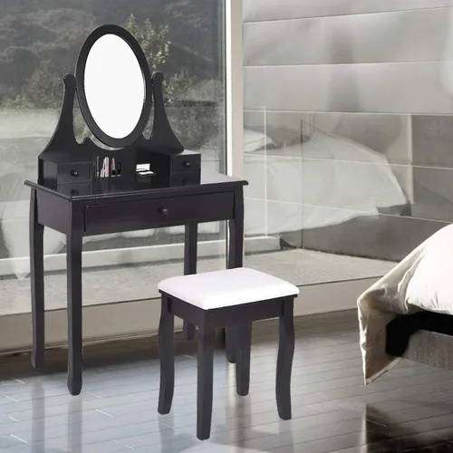 Vista 2 de GOFLAME Juego de tocador con taburete acolchado y espejo ajustable de 360°, escritorio multifunción de maquillaje con 3 cajones, para oficina