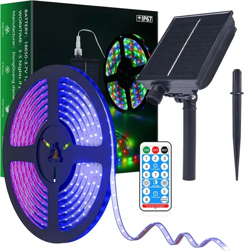 MIHEAL Tira de luces LED solares para exteriores, 16.4 pies, 280 LED, tira LED de luz azul con 8 modos de iluminación IP67 impermeable 2835 SMD