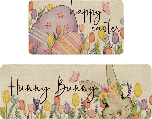 Vista 12 de Juego de 2 alfombras y tapetes de cocina de Pascua, diseño de primavera con texto en inglés «Hello My Peeps», diseño de conejito de pollito