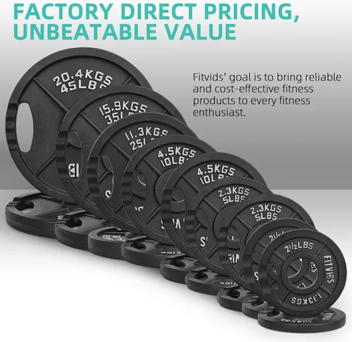 Vista 5 de Fitvids Olympic Cast Iron 2-Inch Weight Plates Including 6FT Olympic Barbell Bar & Safely Locks, Barbell Set (85 Lbs Plates + 6 FT Barbell Bar)