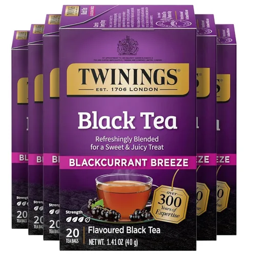 Twinings Blackcurrant Breeze - Té negro, 6 paquetes de 20 unidades, bolsas de té envueltas individualmente, dulce, sabor picante, con cafeína