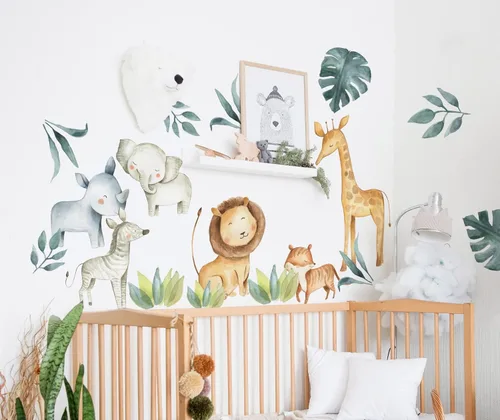 Vista 4 de Murwall Kids Wall Decal Safari Animals Wall Sticker for Nursery African Animal Removable Peel and Stick King Lion Hippopotam Elephant Giraffe Decals