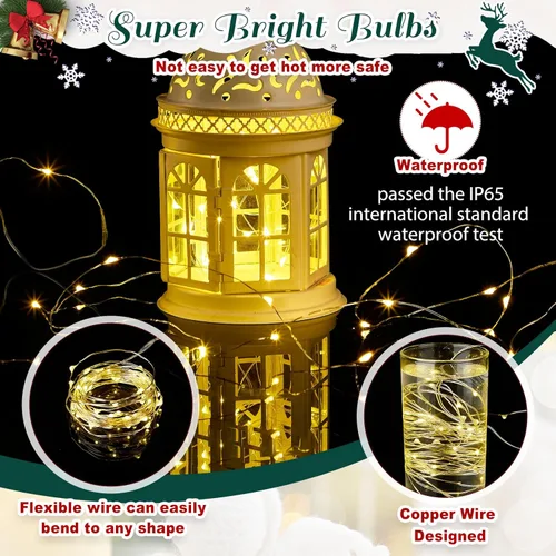 Vista 4 de 4 piezas de centro de mesa navideño con 3 portavelas navideños, luces LED de cadena tipo hadas, a pilas, bayas rojas artificiales, piñas para cocina