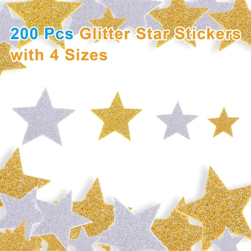 Vista 7 de Ouligay 200 calcomanías de espuma de estrella dorada para manualidades, calcomanías de estrella con purpurina, calcomanías de espuma brillante