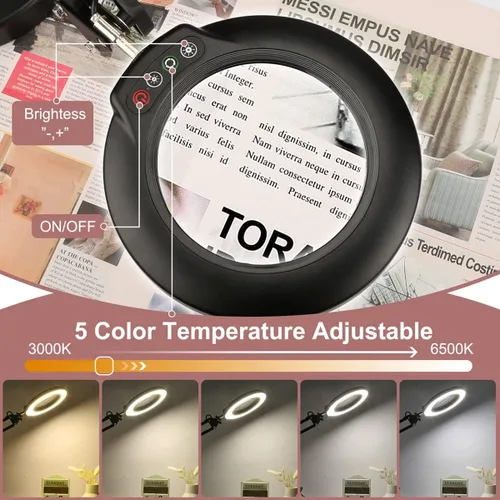 Vista 2 de Veemagni Lupa de 8 veces con luz, 5 modos de color regulable, lámpara de escritorio con brazo oscilante ajustable con luz LED con abrazadera, lupa