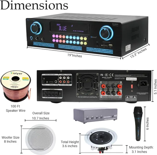 Vista 2 de Vaiyer Kit de sistema de cine en casa, amplificador Bluetooth de 2000 vatios con 6 altavoces de techo enmarcados de 8 pulgadas de 300 W cada uno