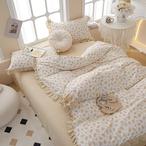 Vista 6 de EAVD Juego de edredón floral con volantes estilo jardín francés Full microfibra suave y esponjosa elegante shabby chic juego de ropa de cama floral