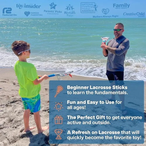 Vista 5 de Mini Toss Lacrosse Set – The Ultimate Game for the Pool or Beach & Backyard - Comes with Water Skipping Ball, Rubber Ball & 2 Sticks with Premium