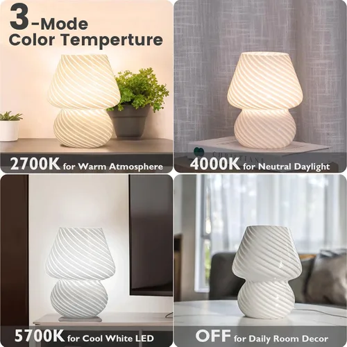 Vista 3 de ULAROOM Lámpara de hongo USB enchufable pequeña para mesita de noche con bombilla LED de 3 temperaturas, luz nocturna con atenuación libre