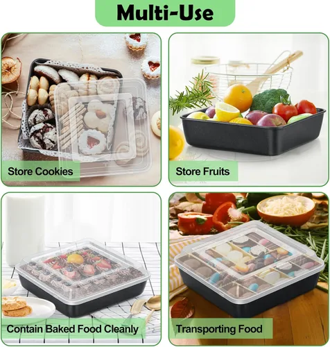 Vista 5 de TeamFar Molde cuadrado para pasteles de 9 x 9 pulgadas con tapa, sartén cuadrada antiadherente para hornear, con núcleo de acero inoxidable