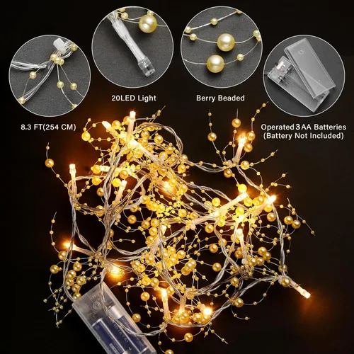 Vista 3 de Guirnalda de Navidad con luces de Very100 de 8.3 pies, guirnalda festiva con cuentas de bayas iluminadas, decoraciones navideñas para chimenea