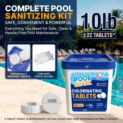 Vista 2 de Pool Shark Tabletas de Cloro para Piscina - Tabletas de Cloro de 3 Pulgadas - Pastillas de Cloro Activas al 90% de Disolución Lenta - Productos
