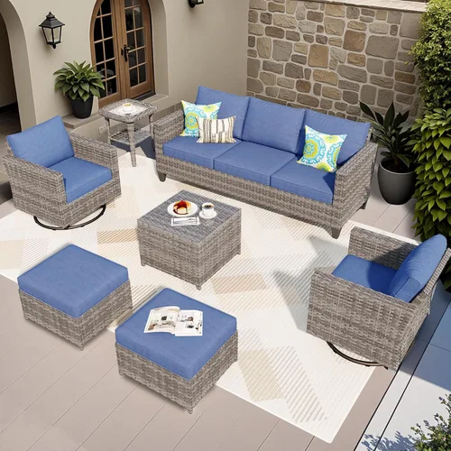 Vista 10 de ovios Juego de muebles de patio de 5 piezas, sofá de mimbre para exteriores con otomanas cómodos cojines, juego de conversación moderno para Beige