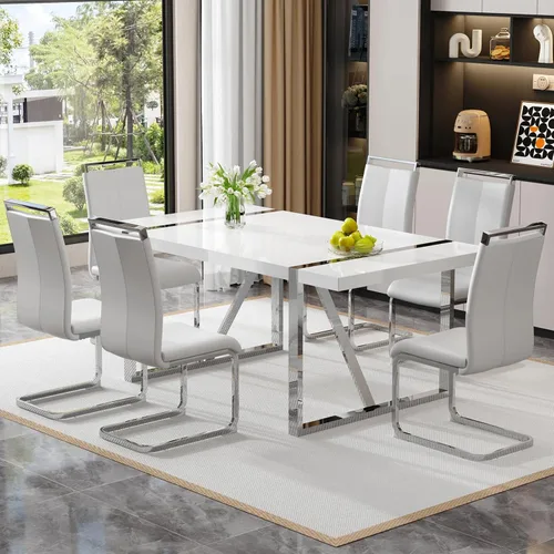 Vista 37 de Mesa de comedor Ebullient para 4, mesa de comedor rectangular negra de MDF, tapa de mesa de cena de mármol falso, mesa de comedor moderna con marco