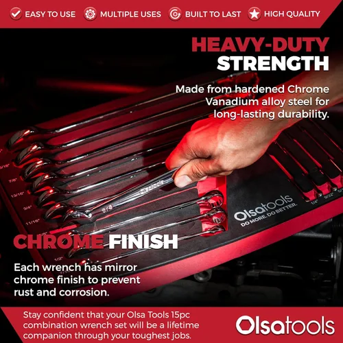 Vista 4 de Olsa Tools Juego de llaves combinadas SAE de 15 piezas, acero al cromo vanadio, extremo de caja de precisión de 12 puntos, irrompible