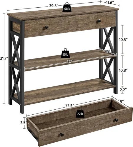 Vista 4 de Topeakmart Mesa de entrada con cajón de almacenamiento Mesa de vestíbulo estrecha para pasillo con almacenamiento abierto, mesa de pasillo Gris