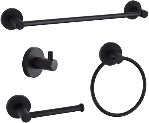 Juego de accesorios de baño de 4 piezas negro montado en la pared, gancho para bata, soporte para papel higiénico de pared, anillo para toallero,