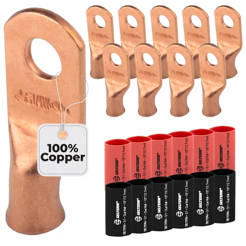 Vista 199 de SELTERM - 5 terminales de anillo resistentes para cable de batería, calibre 1/0 AWG, pernos de 1/2 pulgadas, terminales de calibre 0, ojales