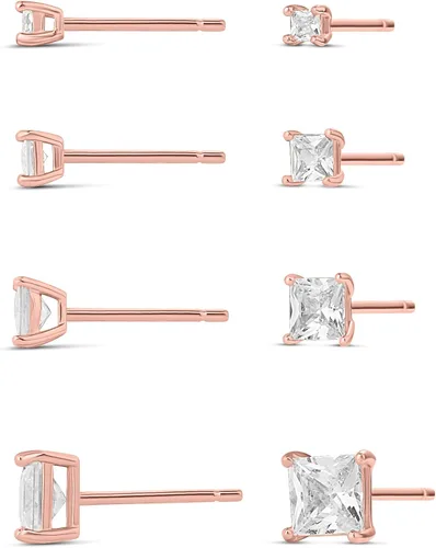 Amazon Essentials Juego de pendientes de tuerca de plata de ley chapada en oro de 14 quilates con circonita cúbica redonda o corte princesa Oro Rosa