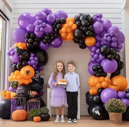 Vista 7 de Kit de arco de globos de Halloween, guirnalda de globos de doble relleno, color negro, morado, naranja, globos naranja quemado con globos