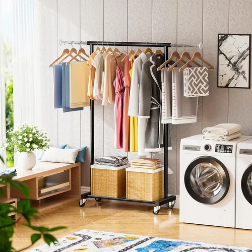 Vista 2 de Perchero doble para colgar ropa, perchero con barra ajustable, color negro