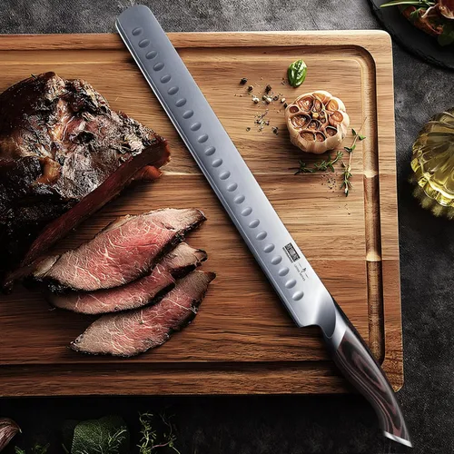Vista 5 de HOSHANHO - Cuchillo de tallar de 12 pulgadas, cuchillo de corte de acero japonés de alto carbono con mango ergonómico de madera de Pakka, cuchillos